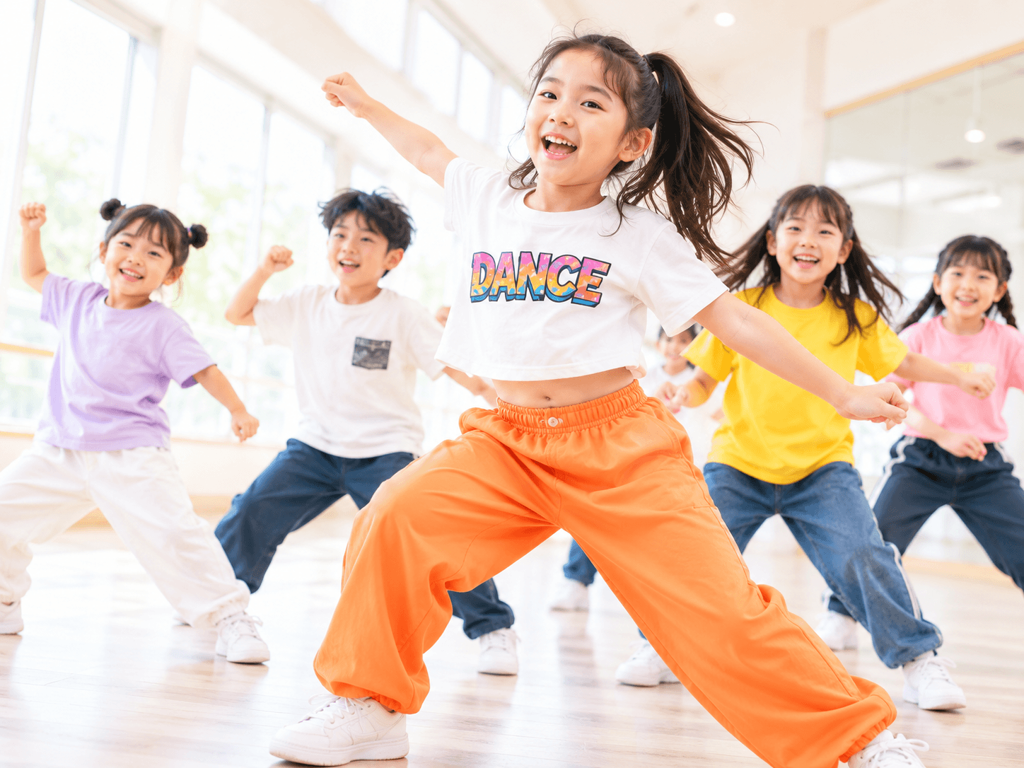 明るいスタジオで元気に踊る子どもたち