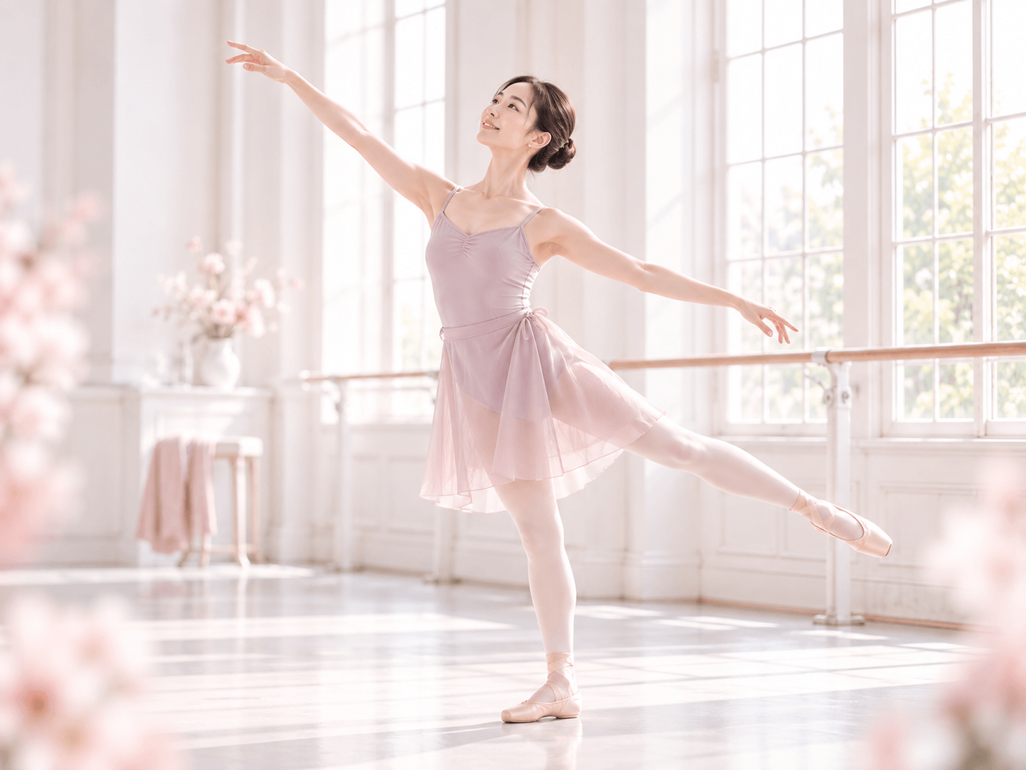 明るいスタジオで踊る女性バレリーナ