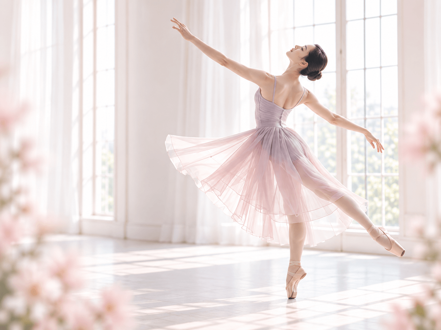 明るいスタジオで優雅に踊るバレリーナ