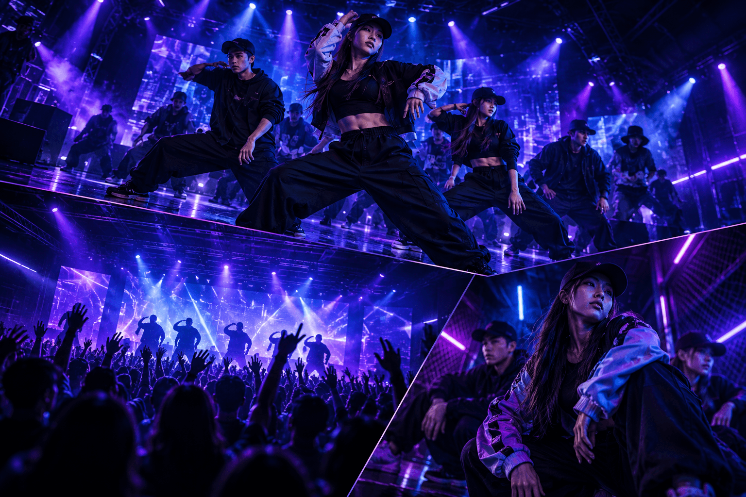 発表会で踊るダンサーと盛り上がる観客のコラージュ