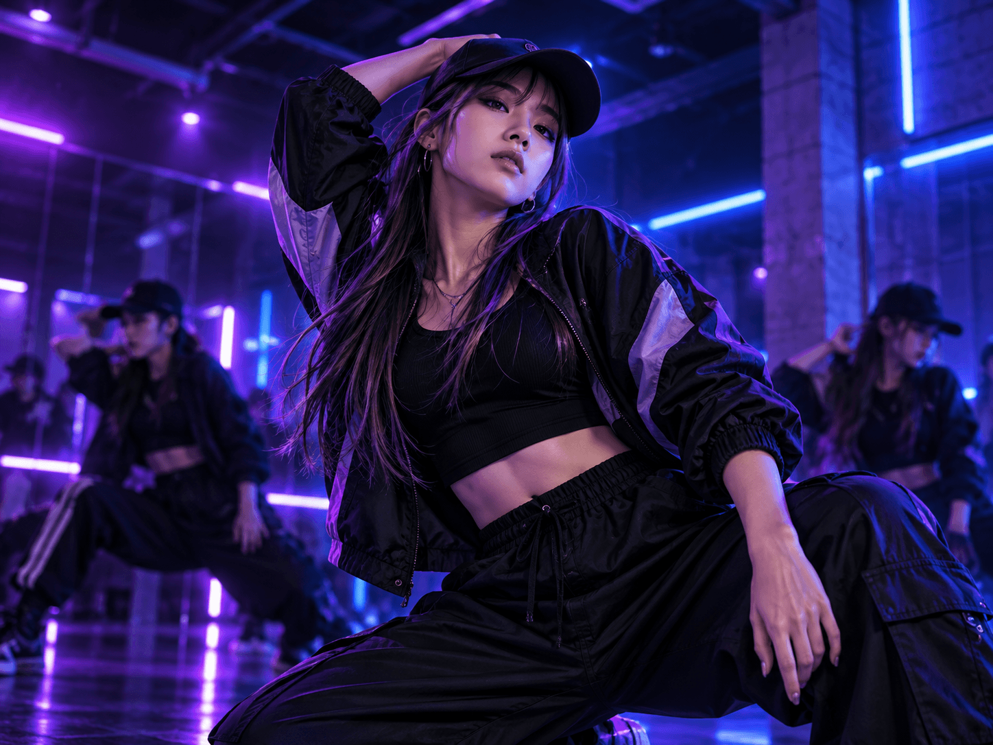 ネオンライトのダンススタジオでポーズをとるダンサー