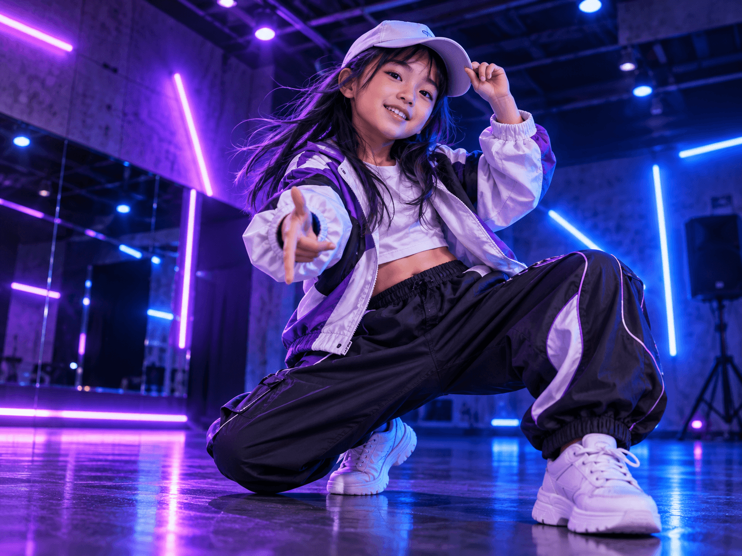 ネオンスタジオで踊るキッズダンサー