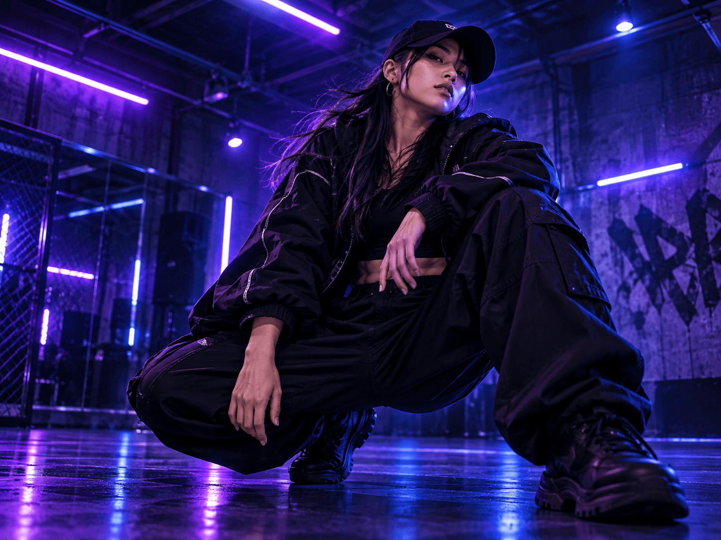ブルーとパープルの照明の中で踊る女性ダンサー